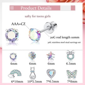 YADOCA 8 Pairs Hypoallergenic Earrings for Women Girls Surgical Steel Cubic Zirconia Heart Stars Rainbow Screw Back Earring Flower Multicolored Butterfly Stud Earrings Set