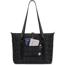 KAVIGOR Tote Bag for Women with Zipper, Puffer Gym Tote with Compartments, Quilted Shoulder Bag with Yoga Mat Straps for Sport, Travel, Black