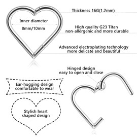 Daith Piercing Titanium 16G Heart Hinge Seamless Clicker Ring Tragus Rook Cartilage Earrings Women's Gold/Rose Gold/Titanium/Black, 8 mm, 10 mm, Pack of 2, Titanium, No gemstone