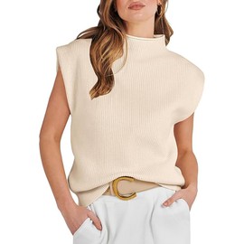 YOCOKIS Womens Sleeveless Sweater Vest Mock Neck Tank Tops Casual Cap Sleeve Knit Pullover Summer Clothes Beige