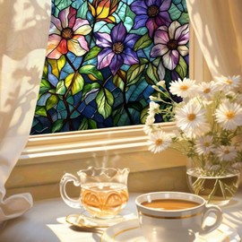 Window Privacy Film, Heat Control Sun Blocking Stained Glass Window Film, Non-Adhesive Floral Design Static Cling, 3D Static Stained Glass Cling for Bathroom Shower Door(39.37" x 17.72")