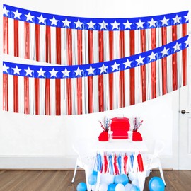 2 Strings Total 39.4 ft Patriotic Tinsel Garland – Each 19.7ft Red White and Blue Stars Fringe Garland for 4th of July, Memorial Day, Parade Float, and Party Decorations