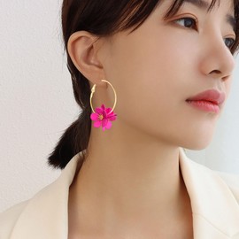 Just Follow Lightweight Bohemian Metal Flowers Dangle Drop Earrings Handmade Petal Hoop Earrings for Women Vacation Wedding (Hot Pink)