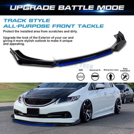 Xotic Tech Front Bumper Lip Chin Spoiler Splitter Diffuser Protector Body Kit with Adjustable 10"-13" Support Splitter Rod Compatible with Honda Accord Civic, Volkswagen MK5 MK6 MK7, Black w/Blue