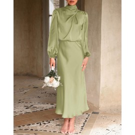 BTFBM Womens Mock Neck Satin Dress 2025 Summer Spring Long Sleeve High Waist Wedding Party Maxi Formal Cocktail Dresses(Tender Green, X-Large)