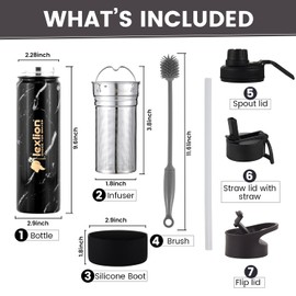 Lexlion Tea Infuser Water Bottle 22 Oz – Triple Wall Insulated Stainless Steel, Loose Leaf & Fruit Strainer, 3 Leakproof Lids, BPA-Free Silicone Sleeve, Reusable Thermal Mug