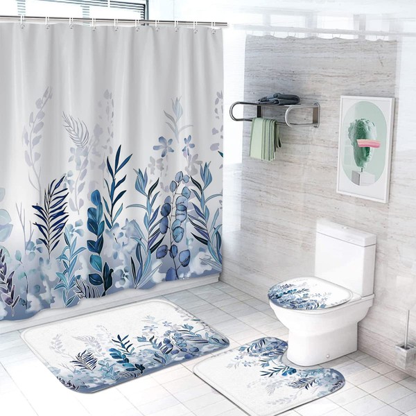 Leopinky 4pcs Shower Curtain Set, Plant Bathroom Sets with Shower Curtain and Rugs, Botanical Nature Leaf Bath Curtain Set with 12 Hooks for Bathroom (71" X 71", Blue)