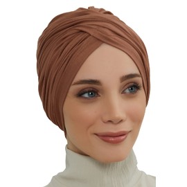 Aisha's Design Pre-Tied Instant Turban Head Wraps for Women, 95% Cotton Chemo Scarf, Stylish Hijab Bonnet Ready to Wear, Caramel Brown