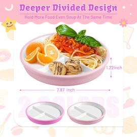 Domensi 2 Sets 8 Inch Kids Porcelain Plates with Silicone Suction Sleeve Antislip White Ceramic Divided Toddler Plates Microwave Dishwasher Safe for Baby Children Feeding Supplies (Pink,White)