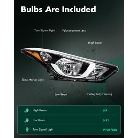 SCITOO LED Headlight Assembly Fit 2014-2016 For Hyundai Elantra Black Housing Amber Reflector Right Side Headlight 92102-3Y500