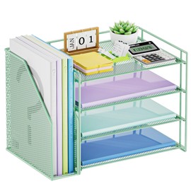 Marbrasse Desk Organizer and Accessories，4-Tier Paper Letter Tray Organizer with File Holder，Desk Accessories & Workspace Desktop Organizers for School Home Office Supplies (Green)