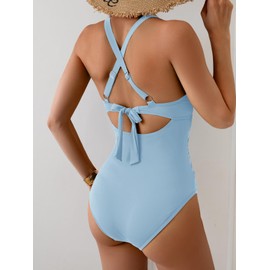 B2prity Women's One Piece Swimsuits Tummy Control Ruched Bathing Suit V Neck Tie Back Swimwear Wrap Swim Suit Sky Blue