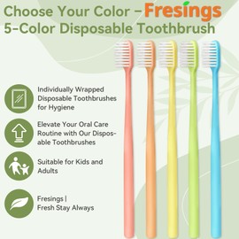 Fresings 100 Pack Disposable Toothbrushes Bulk – Individually Wrapped Soft Bristles Single Use for Adults & Kids, Travel Hotel Guest Dental Office Donation Emergency Hygiene,Minimalist Design 5 Colors