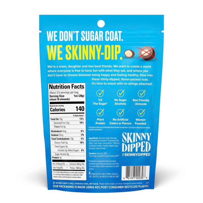 SkinnyDipped Dark Chocolate Cocoa Almonds, Healthy Snack, Plant Protein, Gluten