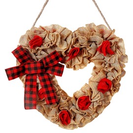 Bencailor Valentine's Day Wreath for Front Door Burlap Heart Shaped Wreath with Buffalo Plaid Bows Valentines Heart Wreath Outdoor Lover Gift for Valentine Wedding Party Supplies