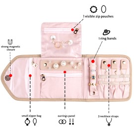 KUAK Travel Jewelry Organizer Roll, Foldable Jewelry Case Portable Jewellery Bag for Journey-Rings, Necklaces, Soft Pink