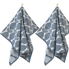 ZWOLTEX Set of 2 Jacquard Tea Towels/Tea Towels, Kitchen Towels, Drying Towels, Absorbent Cotton, Collection Premium Tea Towels, 2 x Fish L, Navy (50 x 70 cm)