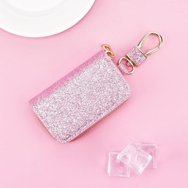BUNCHBRAVO Pink Car Key Holder Bag with Zip-Around Case, Clip Hook, Sparkly Glitter Faux Leather Auto Remote Key Cover for Women