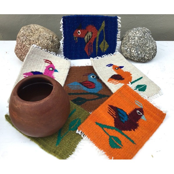 New Zapotec Oaxacan 4"x6" Hand Woven Set of 6 Color Birds Wool Tapestry Coasters