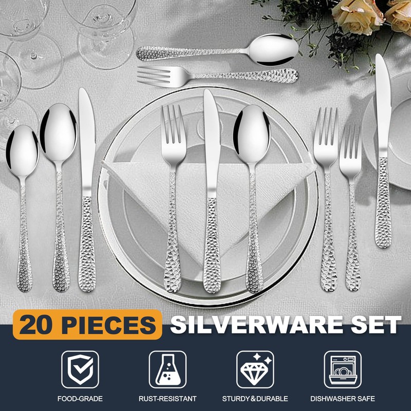 HaWare Hammered Silverware Set, 20-Piece Stainless Steel Flatware Set Serving
