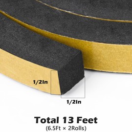 ToLanbbt Black Door Window Weather Stripping Self Adhesive Foam Tape High Density Foam Sealing Strip Window Insulation Weatherproof Gasket Tape 1/2" Wide X 1/2" Thick, 6.5 Ft X 2 Rolls, Total 13 Feet