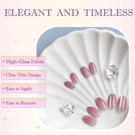 24PCS Pink Bling Press On Nails, Almond Short Stick On False Nails with Cat Eye Sparkly Look, 5-in-1 Soft Gel Natural Fit, Full Cover UV Coated ABS Material, Elegant and Trendy Nail Art