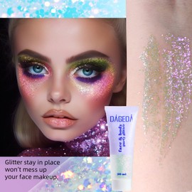 DAGEDA Body Glitter Gel, Holographic Face Glitters Body Gel Shimmer Liquid Eyeshadow, Color Changing Glitter for Face Hair Nails, Under Light Festival Makeup 1.7oz (Galaxy Blue)