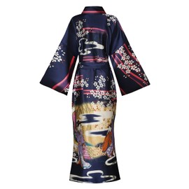 Valennia Women Long Silky Bathrobe Satin Kimono Robe Floral Printed Dressing Gown Sleepwear Navy Small