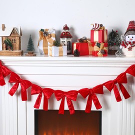 VitalCozy 5.9 ft Christmas Velvet Bow Garland Pre-assembled Red Bow Garland Banner with 10 Pcs 7.1 Inches Velvet Bows Reusable Vintage for Holiday Xmas Home Mantel Wall Decor