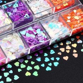 Valentine's Day Nail Art Stickers Love Heart Nail Sequins Laser Colorful Luxury Nail Supplies 3D Nails Glitter Flakes Design Heart Nail Sparkle Glitter Decals for Valentine's Day Decoration 12 Grids