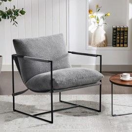 Sling Accent Chair with Metal Frame, Comfortable Boucle Fabric Arm Chair, Upholstered Cozy Reading Chair for Living Room, Bedroom, Dressing Room, Home Office, Grey