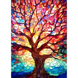 Lxmsja Colorful Tree Stained Glass Diamond Painting Kits for Adults, 5D DIY Round Diamond Art Picture Kits, Gem Arts and Crafts Painting, Full Drill Diamond Dots Wall Decor 30x40CM