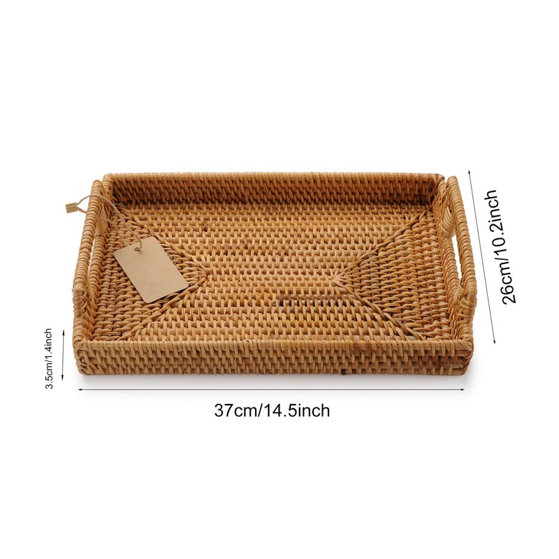 Hand-Woven Rattan Rectangular Serving Tray with Handles for Breakfast, Drinks,