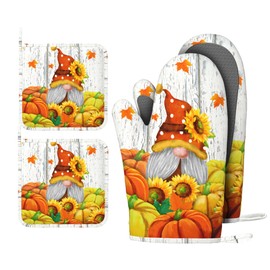 Boulda Thanksgiving Oven Mitts and Pot Holders Heat Resistant Autumn Pumpkin Kitchen Gloves Cotton Lining Waterproof Potholders 4 Piece Set for Cooking Baking Thanksgiving Decoration