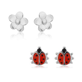 Vanbelle Sterling Silver Jewelry Nature Inspired Flower and Ladybug Two Pairs of Stud Earrings with Rhodium Plating for Women and Grils