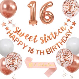 16th Birthday Decorations Set for Girls Sweet 16 Satin Sash, Rose Gold Number 16 Balloons, Confetti Balloons Happy Birthday Banner for Girls Sweet Sixteen Birthday Party Backdrop Decorations Supplies