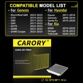 CARORY Cabin Air Filter w/Activated Carbon for Select 2011-2025 Genesis, Hyundai, Kia Models - Electrified G80, G70, G80, G90, GV70, GV80, GV80 Coupe, Equus, Genesis, Santa Fe, K900, and More