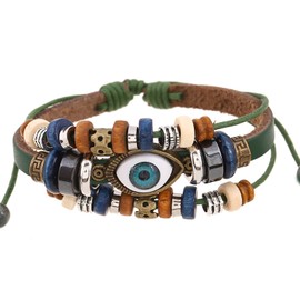 Evil Eye Bracelets for Men, Protection Bracelet Black Leather Bracelet Wristband Beaded Bracelet Buckle Wrap Blue Eye Strand Bracelets for Women Spiritual Jewelry Gift