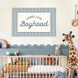 Lacama Vintage Blue Long Live Boyhood Boys Room Decor, Boy Nursery Decor, Linen Banner Wall Hanging Canvas Banner Flag Decor for Toddler Boy Room Nursery 30x20 Inch