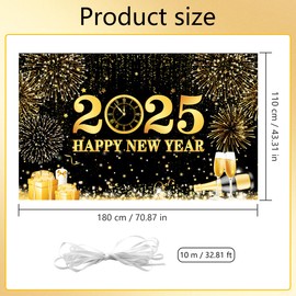 New Year's Eve Decoration 2025 Happy New Year Banner, New Year Background Banner, Black Gold, Extra Large Fabric New Year's Eve Banner, Decoration New Year's Eve Party for New Year, Indoor and Outdoor
