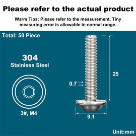 Drenky 50 Pcs 304 Stainless Steel M4 X 25mm Pan Head Screws - Fully Thread Machine Bolts With Flat, Flanged Button, Rounded Heads - Rustproof M4 Thread Size