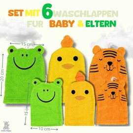 Hello Hippo® Set of 6 Baby Wash Cloths - 3 for Parents & 3 for Children - Cotton Wash Mitts - Animal Motifs: Frog, Chick, Tiger - Washable Children's Wash Cloths