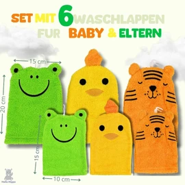 Hello Hippo® Set of 6 Baby Wash Cloths - 3 for Parents & 3 for Children - Cotton Wash Mitts - Animal Motifs: Frog, Chick, Tiger - Washable Children's Wash Cloths