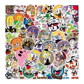 Cuphead Videojuego Taza 50 Calcomanias Stickers Contra Agua