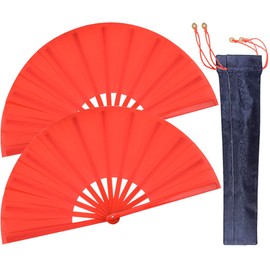 HONSHEN 2 Pack Large Rave Clack ABS Folding Hand Fan/Traditional Chinese Arts Folding Fans,complimentary Exquisite Fabric Bags for Party, Dance, Performance Decorations and Gifts (RED+RED)