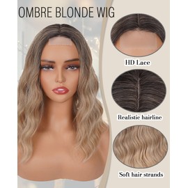 MeaYOO Blonde Wig for White Women, Short Ombre Blonde Wavy Wig with Lace, Shoulder Length Middle Part Curly Wavy Bob Wig, Natural Looking Synthetic Heat Resistant Fiber Wig, Party Cosplay Wig 14 Inch