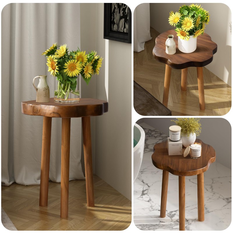 JOLLYMER Natural Teak Wood Live Edge Side Table 14.8" x