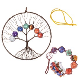 KYEYGWO 7 Chakra Crystal Tree of Life Hanging Decoration with Tumbled Stones Tassel, Stone Wall Hanging Ornament, Healing Stone, Dream Catcher, House Window Decoration