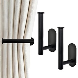 2 Pack Adhesive Metal Curtain Hooks and Tiebacks - No Drill L Shaped Holdbacks, Wall Holders for Drapes - Black Decorative Decor for Home Office