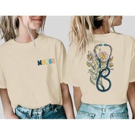 Migxsaf Nurse Graphic Shirts for Women Boho Floral Nurse Life T Shirt Stethoscope Oversized Graphic Tees Nurses Day Gifts(Apricot,2XL)